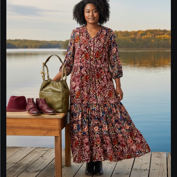 Coldwater Creek Woodland Wonder Maxi Dress Burgundy Floral Sleeve Dress Size 2X - Picture 5 of 14